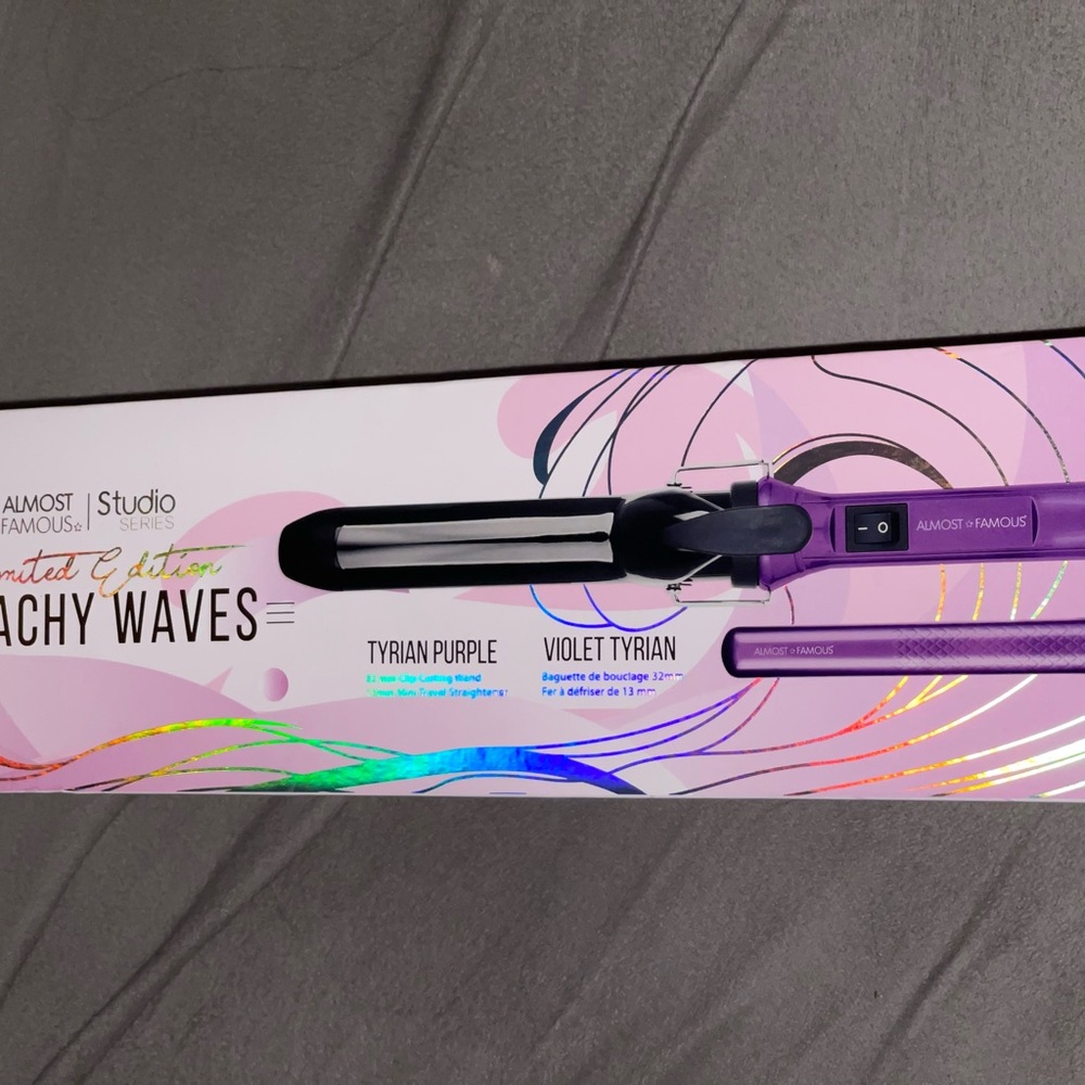 NIB! Almost Famous Beach Wave Babe Purple 2 Piece Curling Wand & Mini Tool.